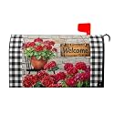 Kawani Welcome Spring Summer Geranium Flower Mailbox Cover Magnetic Standard Size 21"x18" Spring Red Floral Buffalo Plaid Check Mailbox Wraps Rustic Farmhouse Post Letter Box Cover for Home Outside