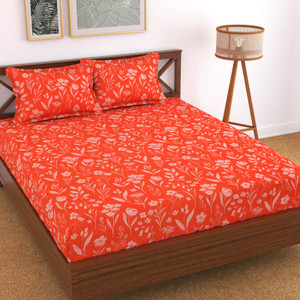 kawi polycotton double fitted elastic 200 tc printed 1 bedsheet with 2 pillow covers redish red