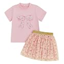 Kayotuas Toddler Girl Summer Outfits Bow Embroidery Short Sleeve T-shirt and Sparkle Tutu Skirt Cute Sister Matching Dresses