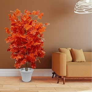 kayra decor 5 feet artificial maple tree in natural trunk - artificial plants for home decor big size with pot and marble chips red 1 piece