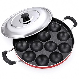 12 cavities non stick aluminum appam patra with lid and side handle multicolour