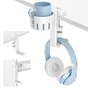 KDD 2 in 1 Headphone Hanger with Desk Cup Holder - Under Desk Clamp Rotatable Headset Holder - Suitable for Coffee Mups, Water Cups, Headphone(White)