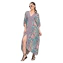 KE KANHA EXPORTS Women Beach Wear Dress Stylish Kaftan Maxi Multicolor Premium Soft |Adjustable Tassel Drawstring|Border Print Boho Cover Up|M-XXL