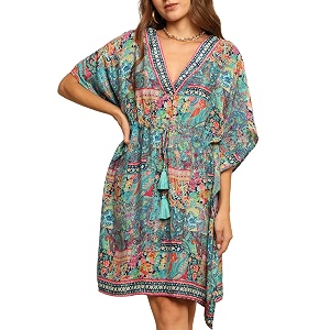 ke kanha exports kaftan dress for women stylishbeach wear dress for womenboho border print kaftanadjustable drawstring tasselfree size m-xxl free scrunchie included