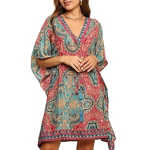ke kanha exports kaftan dress for women stylishbeach wear dress for womenboho border print kaftanadjustable drawstring tasselfree size m-xxl free scrunchie included
