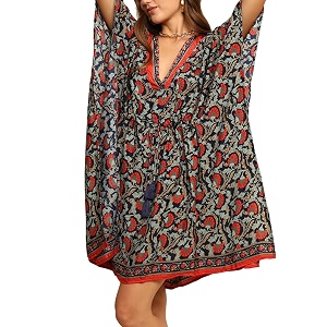 ke kanha exports kaftan dress for women stylishbeach wear dress for womenboho border print kaftanadjustable drawstring tasselfree size m-xxl free scrunchie included