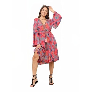 ke kanha exports short dress for women39s amp girls unique border design and tassel stretchable adjustable drawstring free size western dresses fit flared floral print v-neck all seasons
