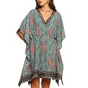 KE KANHA EXPORTS Kaftan Dress for Women Stylish|Beach Wear Dress for Women|Boho Border Print Kaftan|Adjustable Drawstring Tassel|Free Size M-XXL FREE Scrunchie Included