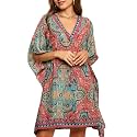 KE KANHA EXPORTS Kaftan Dress for Women Stylish|Beach Wear Dress for Women|Boho Border Print Kaftan|Adjustable Drawstring Tassel|Free Size M-XXL FREE Scrunchie Included