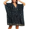 KE KANHA EXPORTS Kaftan Dress for Women Stylish|Beach Wear Dress for Women|Boho Border Print Kaftan|Adjustable Drawstring Tassel|Free Size M-XXL FREE Scrunchie Included