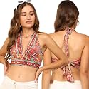 KE KANHA EXPORTS Halter Top|Backless Tops|Halter Neck Top for Women|Beach Tops for Women|Boho Beach Border Print V Neck|Multicolor|Easily fits S-M-L|Bust 30-36 in Length 18 in
