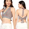 KE KANHA EXPORTS Halter Neck Wrap Top|top for Women|Backless Tops for Women|Halter Neck Tops|Adjustable wrap Waist|Boho Beach Border Print|Easily fits S-M|Bust30-36Inch|LengthUpTo 18Inch