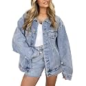 Kedera Women's Oversized Jean Jacket Long Blue Denim Jacket Long Sleeve Button Down Trucker Jacket Shacket Fall Coats