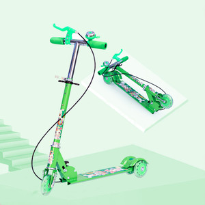 keekos scooter for kids 3 wheeler foldable kick skating cycle with brake bell led-wheel green