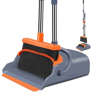 improved broom and dustpan set self-cleaning with dustpan teeth indoor and outdoor sweeping ideal for domestic use upright broom and dustpan grey and orange