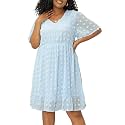 Keluummi Women's Plus Size V Neck Short Sleeve Empire Waist Midi Dress