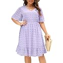 Keluummi Women's Plus Size V Neck Short Sleeve Empire Waist Midi Dress