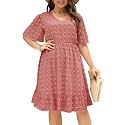 Keluummi Plus Size Wedding Guest Midi Dresses for Curvy Women, Casual Summer Swiss Dot Baby Shower Dress with Sleeve(18 Plus, 02 - Pink)