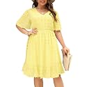 Keluummi Women's Plus Size V Neck Short Sleeve Empire Waist Midi Dress
