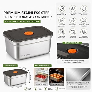 kemethy stainless steel fridge storage containers with leak-proof airtight lids reusable metal boxes stackable bpa-free dishwasher safe for snacks fruits 1500 ml-2pc