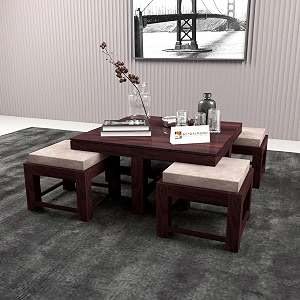 kendalwood furniture sheesham wood coffee table  center table with 4 stool  finish color- walnut finish with cream cushion