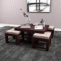 KENDALWOOD™ Furniture Sheesham Wood Coffee Table | Center Table with 4 Stool | Finish Color:- Walnut Finish with Cream Cushion
