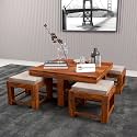 KENDALWOOD™ Furniture Sheesham Wood Coffee Table | Coffee Table with 4 stools | Wooden Center Table | Finish Color :- Honey Teak with Cream Cushion