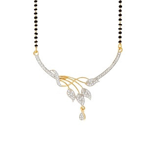 kennice mangalsutra gold-plated american diamond studded leaf design pendant with black beaded chain tanmaniya nallapusalu for women