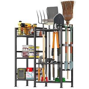 keomaisyto garden tool organizer with basket - 3 tier yard storage rack for garage organization heavy duty holder with 35 long-handled slots for shed yard garage