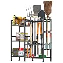 keomaisyto Garden Tool Organizer With Basket - 3 Tier Yard Storage Rack for Garage Organization, Heavy Duty Holder With 35 Long-Handled Slots for Shed, Yard, Garage
