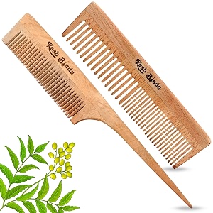 100 handmade organic pure neem wooden comb with dual teeth amp tail comb anti-static natural curly hair for womens and men combo pack 2