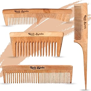 handmade kachi neem wood anti-dandruff comb hair styling - family kit different 4 types of neem wood combs combo set  men amp women