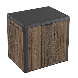 keter signature everwood 30 gallon resin outdoor storage box and patio furniture side table for pool and garden accessories walnut
