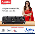 Khaitan 3 Burner Selios Black Toughened Glass