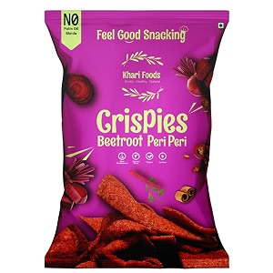 khari foods beetroot crispies 50g peri peri flavoured chips no palm oil no maida millet goodness fibre rich zero cholestrol gluten free vegan snacks
