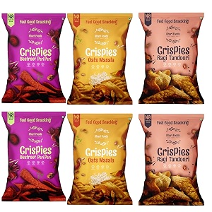 khari foods healhty crispies combo tandoori ragi peri peri beetroot masala oats chips no palm oil no maida millet goodness fibre rich zero cholestrol gluten free vegan snacks 50g x 6 combo