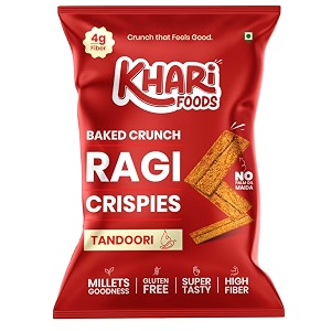 khari foods ragi crispies 50g tandoori flavoured chips no palm oil no maida millet goodness fibre rich zero cholestrol gluten free vegan snacks