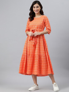 Kharoliya Women Fit and Flare Orange Midi