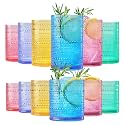 Khen Plastic Hobnail Drinking Glasses Set of 12 Bright Tones Cups 6x 10oz Lowball & 6x 1oz Highball Acrylic Beaded Design, BPA-Free, Dishwasher Safe Indoor/Outdoor Drinkware Water, Juice, Cocktails