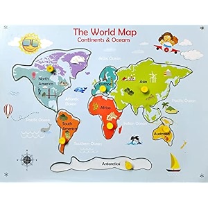 wooden puzzle with knobs educational and learning toy for kids continents and oceans