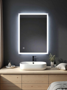 khushi decors 18x24 inch led wall mirror glass with touch sensor lights for home decor hs12 bathroom mirror nature finish  polished