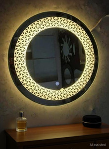 khushi decors 3d designed wall mount round blue led mirror light with sensor size 21x21 bathroom mirror circular finish  polished