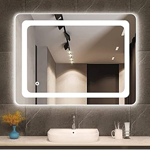 led mirror glass for bathroom wall - decorative home decor mirror for bedroom living room hall makeup room washbasin 18x24 inch rectangle ts10