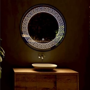 khushi decors led mirror glass for bathroom wall - decorative home decor mirror for bedroom living room drawing room hall makeup room and wash basin size - 24x24 inch round hd12