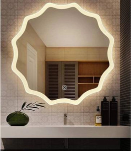 khushi decors round zig zag frame wall mirror with touch sensor  light size18 x 18 bathroom mirror