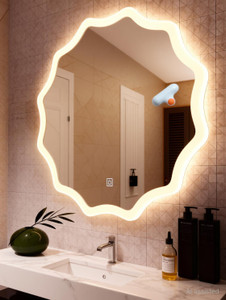 khushi decors round zig zag wall mirror with light size18 x 18 lighted mirror bathroom mirror nature finish  polished