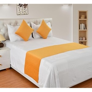 kib 200 tc mustard yellow velvet quilting bedsheet runner set 18x96 inch with 2 cushion covers 16x16 inch bedrunner for double bed soft luxury hotel style bedding decoration pack 1