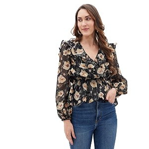Kibo Womens Black Floral Print Long Sleeve