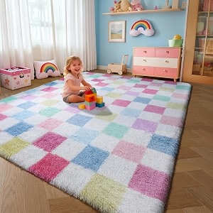 KICMOR Pink Rainbow Checkered Rug for Living