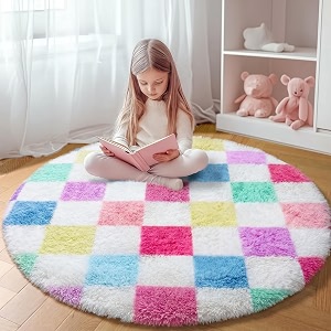 KICMOR Pink Rainbow Round Rug for Bedroom